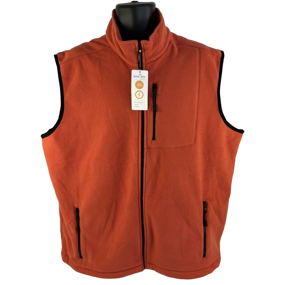 New Mens Lands End Nanotex Full Zip Fleece Vest Jacket Size XL Orange NWT Therma